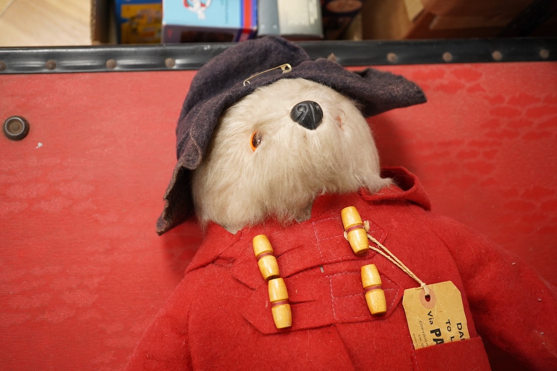 An English 1930s teddy bear and a Paddington Bear by Gabrielle Designs with original labels